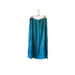 Vintage 80s boho indie free size embroidered teal‎ midi skirt